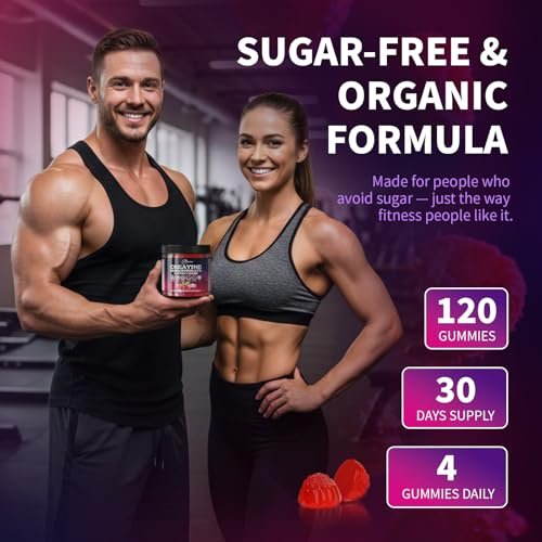 Kreatin-Monohydrat Gummis 5000 mg für Männer und Frauen – Bio, zuckerfrei, vegan, ohne Gentechnik, Himbeergeschmack, 120 Stück