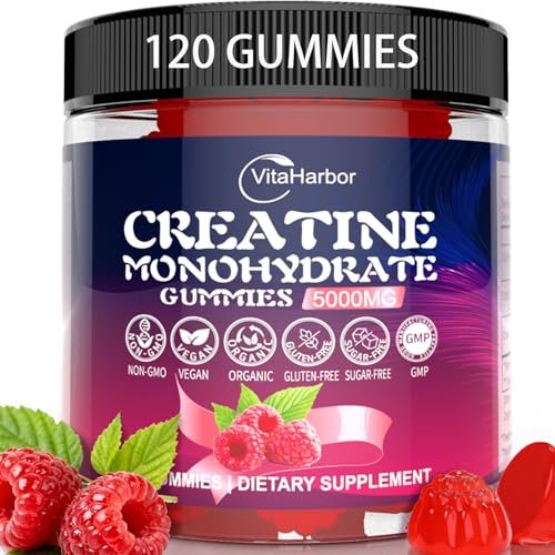 Kreatin-Monohydrat Gummis 5000 mg für Männer und Frauen – Bio, zuckerfrei, vegan, ohne Gentechnik, Himbeergeschmack, 120 Stück