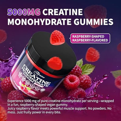 Kreatin-Monohydrat Gummis 5000 mg für Männer und Frauen – Bio, zuckerfrei, vegan, ohne Gentechnik, Himbeergeschmack, 120 Stück