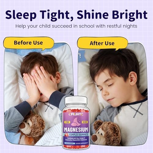 Kids Magnesium Gummies – Magnesiumglycinat Gummibärchen für Kinder mit Zink, Kamille, Omega-3, Vitamin B6, D3 – Für Schlaf, Entspannung, Gehirn, Knochen, Ruhe – Zuckerfrei Erdbeer 60 Stück