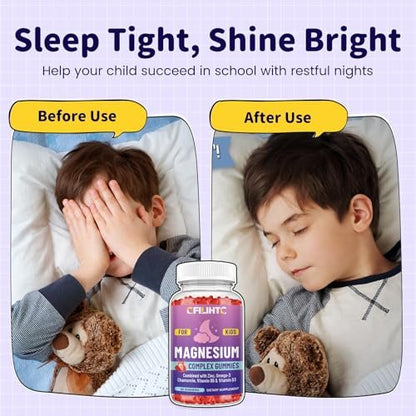 Kids Magnesium Gummies – Magnesiumglycinat Gummibärchen für Kinder mit Zink, Kamille, Omega-3, Vitamin B6, D3 – Für Schlaf, Entspannung, Gehirn, Knochen, Ruhe – Zuckerfrei Erdbeer 60 Stück