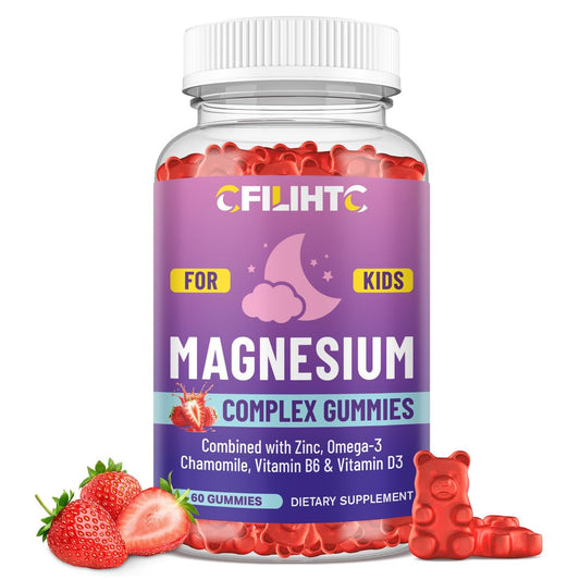 Kids Magnesium Gummies – Magnesiumglycinat Gummibärchen für Kinder mit Zink, Kamille, Omega-3, Vitamin B6, D3 – Für Schlaf, Entspannung, Gehirn, Knochen, Ruhe – Zuckerfrei Erdbeer 60 Stück