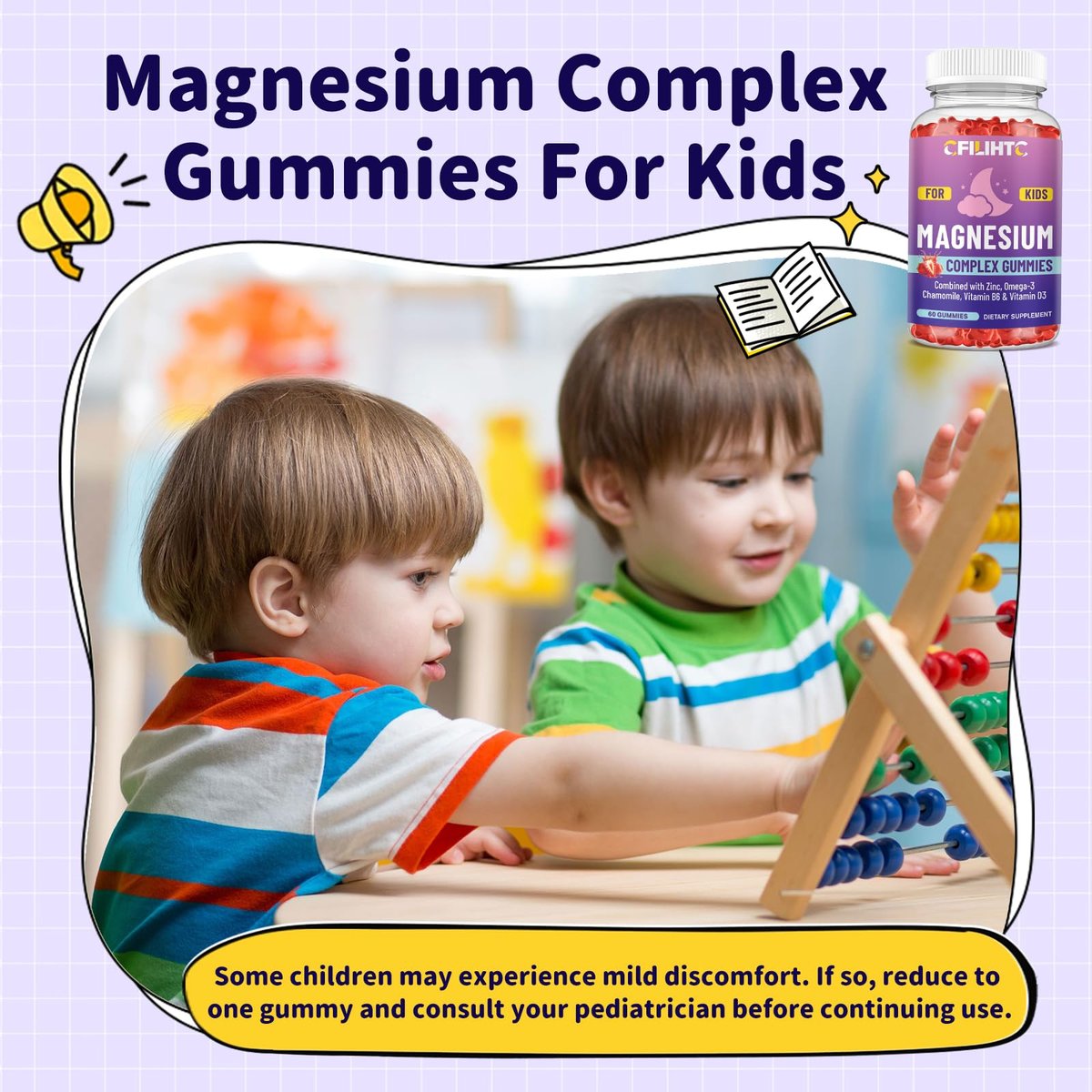 Kids Magnesium Gummies – Magnesiumglycinat Gummibärchen für Kinder mit Zink, Kamille, Omega-3, Vitamin B6, D3 – Für Schlaf, Entspannung, Gehirn, Knochen, Ruhe – Zuckerfrei Erdbeer 60 Stück