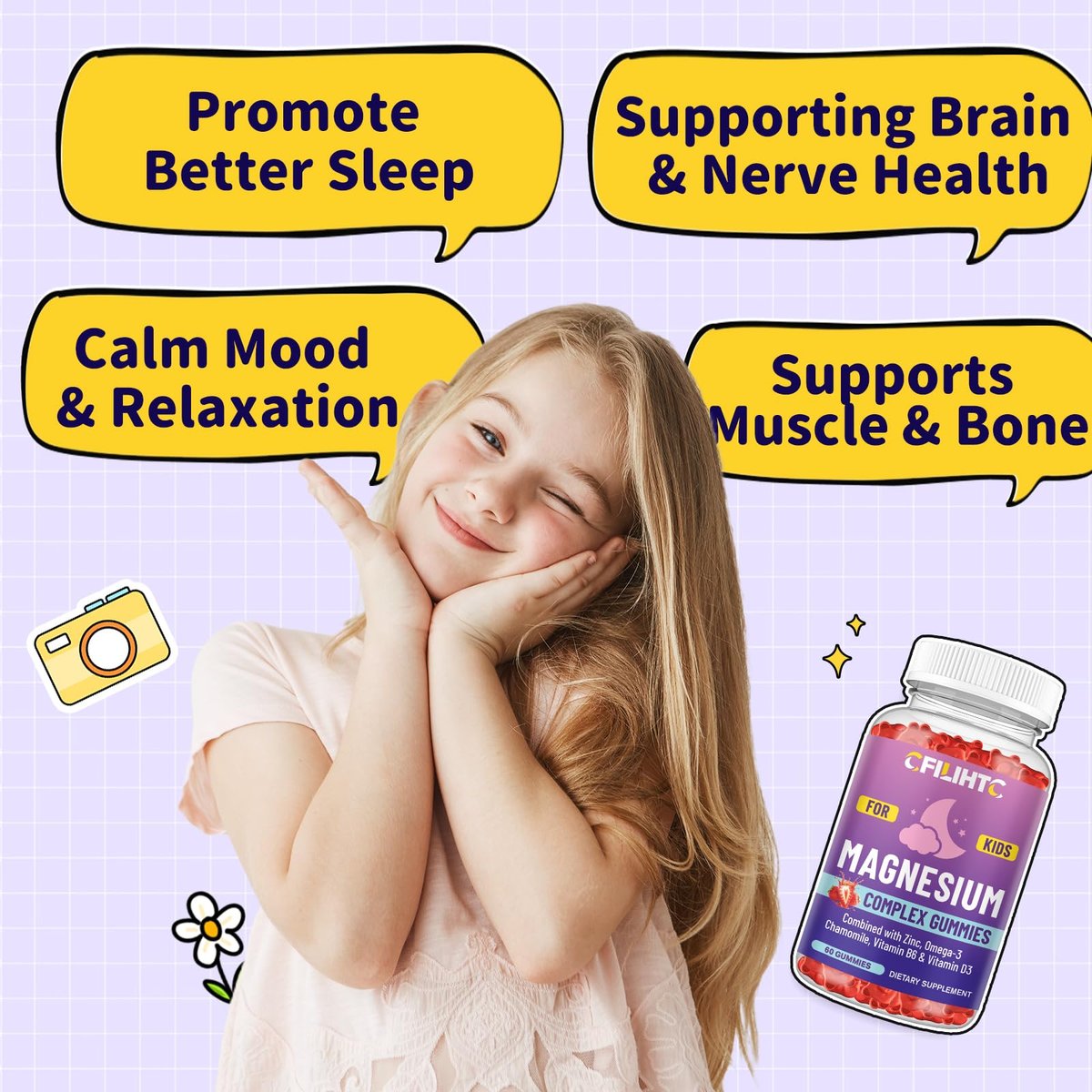 Kids Magnesium Gummies – Magnesiumglycinat Gummibärchen für Kinder mit Zink, Kamille, Omega-3, Vitamin B6, D3 – Für Schlaf, Entspannung, Gehirn, Knochen, Ruhe – Zuckerfrei Erdbeer 60 Stück