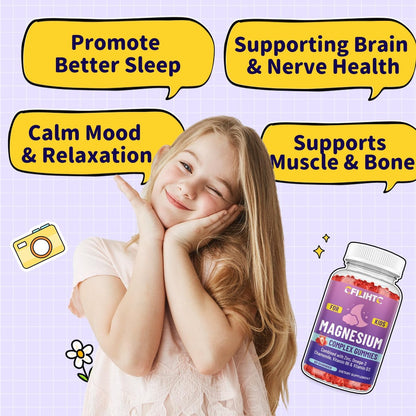 Kids Magnesium Gummies – Magnesiumglycinat Gummibärchen für Kinder mit Zink, Kamille, Omega-3, Vitamin B6, D3 – Für Schlaf, Entspannung, Gehirn, Knochen, Ruhe – Zuckerfrei Erdbeer 60 Stück