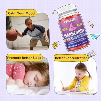 Kids Magnesium Gummies – Magnesiumglycinat Gummibärchen für Kinder mit Zink, Kamille, Omega-3, Vitamin B6, D3 – Für Schlaf, Entspannung, Gehirn, Knochen, Ruhe – Zuckerfrei Erdbeer 60 Stück