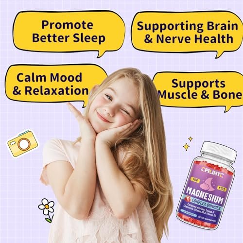 Kids Magnesium Gummies – Magnesiumglycinat Gummibärchen für Kinder mit Zink, Kamille, Omega-3, Vitamin B6, D3 – Für Schlaf, Entspannung, Gehirn, Knochen, Ruhe – Zuckerfrei Erdbeer 60 Stück