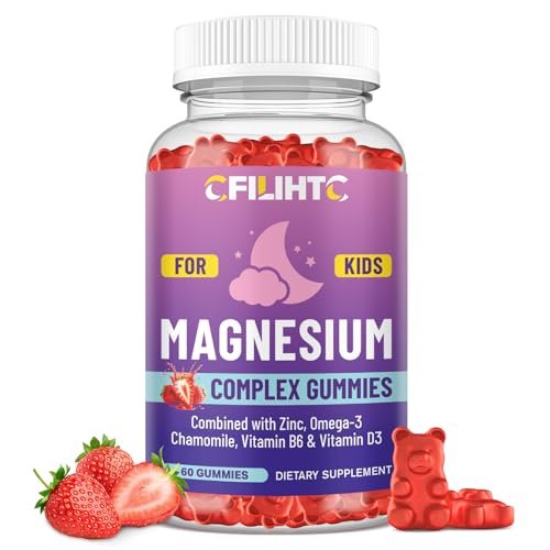 Kids Magnesium Gummies – Magnesiumglycinat Gummibärchen für Kinder mit Zink, Kamille, Omega-3, Vitamin B6, D3 – Für Schlaf, Entspannung, Gehirn, Knochen, Ruhe – Zuckerfrei Erdbeer 60 Stück