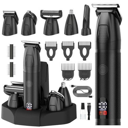 Bomxin Barttrimmer für Herren 6-in-1 Kabelloser wasserdichter elektrischer Haarschneider, Nasen- und Ohrenrasierer, All-in-One-Pflegeset mit LED-Anzeige, USB-wiederaufladbar
