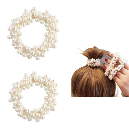 Perlen-Haar-Scrunchies, Elastische Haargummis, Perlen-Pferdeschwanz-Halter für Damen, Cremeweiß, 2er-Pack