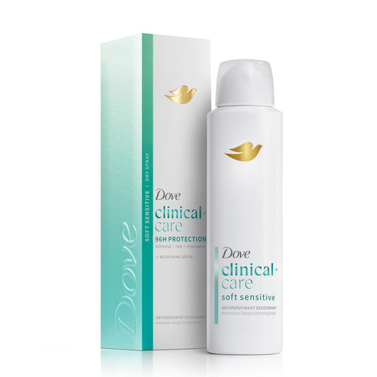 Dove Clinical + Care Antiperspirant Deodorant Trockenspray für Frauen – Soft Sensitive, hypoallergen, für empfindliche Haut, 3,8 oz