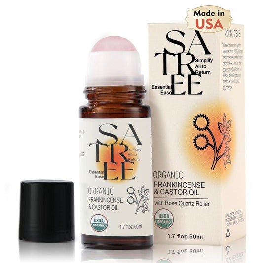 SATREE Bio-Öl mit Rizinus & Weihrauch mit Rosenquarz-Rollerball – USDA-zertifizierte essentielle Ölmischung für Gesicht & Körper, Anti-Aging, Augenringe (50 ml)
