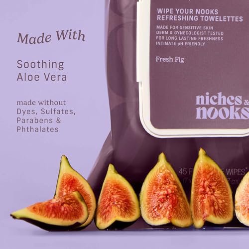 Niches & Nooks pH-ausgeglichene Aloe Vera Feminine Feuchttücher für Frauen mit empfindlicher Haut – Frische Feige – Geruchsneutralisierend – Tägliche intime spülbare Feuchttücher – Sauber + Vegan – 45 Stück