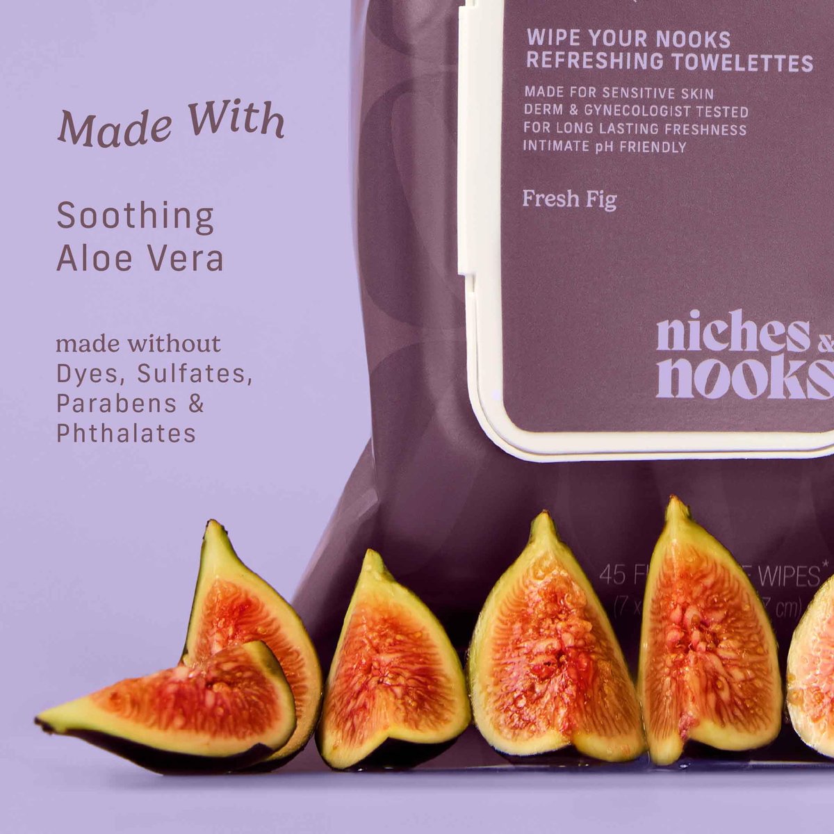 Niches & Nooks pH-ausgeglichene Aloe Vera Feminine Feuchttücher für Frauen mit empfindlicher Haut – Frische Feige – Geruchsneutralisierend – Tägliche intime spülbare Feuchttücher – Sauber + Vegan – 45 Stück