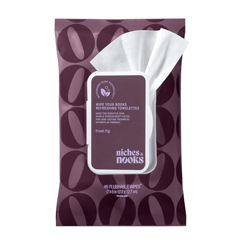 Niches & Nooks pH-ausgeglichene Aloe Vera Feminine Feuchttücher für Frauen mit empfindlicher Haut – Frische Feige – Geruchsneutralisierend – Tägliche intime spülbare Feuchttücher – Sauber + Vegan – 45 Stück