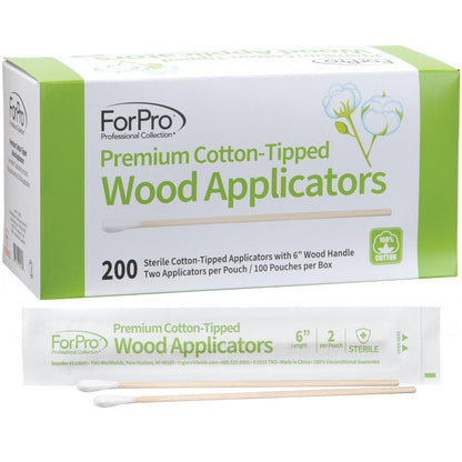 ForPro Premium Cotton-Tipped Wood Applicators, 200 Stück sterile Wattestäbchen mit 6 Zoll Holzgriff für medizinische Zwecke, Körperpflege, Reisen, einzeln paarweise verpackt
