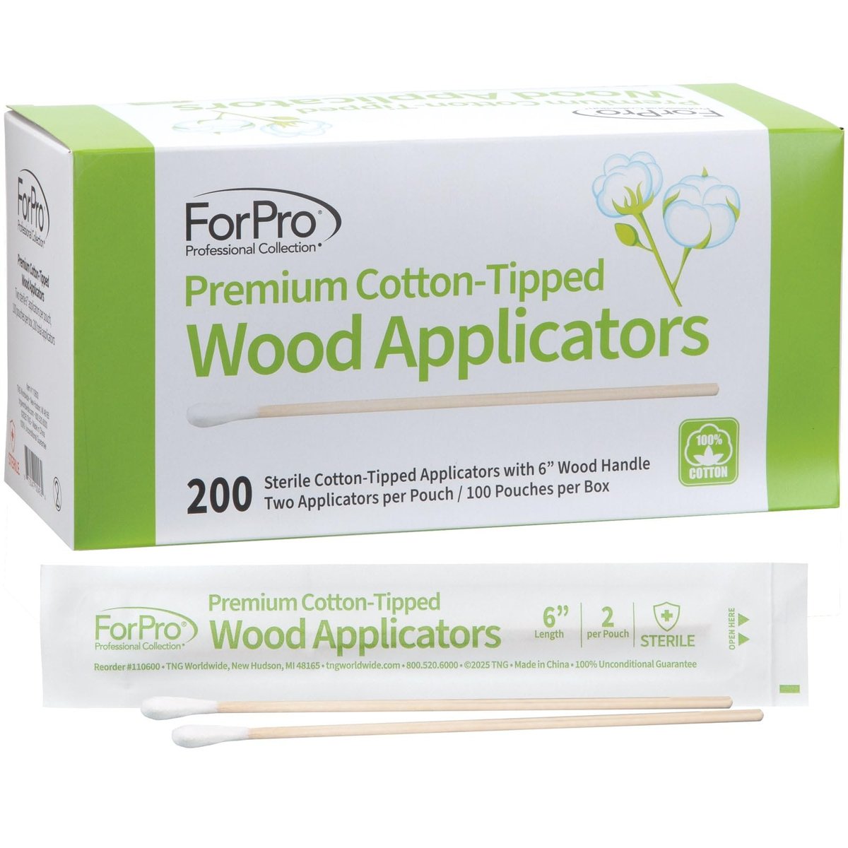 ForPro Premium Cotton-Tipped Wood Applicators, 200 Stück sterile Wattestäbchen mit 6 Zoll Holzgriff für medizinische Zwecke, Körperpflege, Reisen, einzeln paarweise verpackt