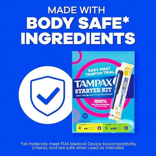 Tampax Starter Kit Multipack, mit LeakGuard Geflecht, Regular/Super Saugstärke, einfacher erster Tampon-Versuch, unparfümiert, 12 Stück