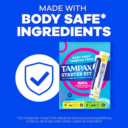 Tampax Starter Kit Multipack, mit LeakGuard Geflecht, Regular/Super Saugstärke, einfacher erster Tampon-Versuch, unparfümiert, 12 Stück