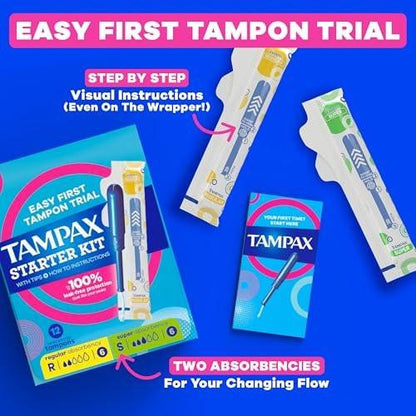 Tampax Starter Kit Multipack, mit LeakGuard Geflecht, Regular/Super Saugstärke, einfacher erster Tampon-Versuch, unparfümiert, 12 Stück