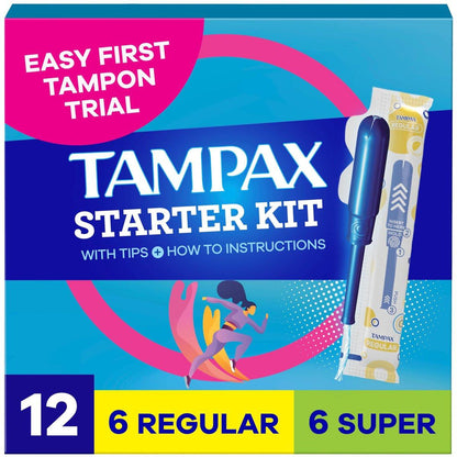 Tampax Starter Kit Multipack, mit LeakGuard Geflecht, Regular/Super Saugstärke, einfacher erster Tampon-Versuch, unparfümiert, 12 Stück