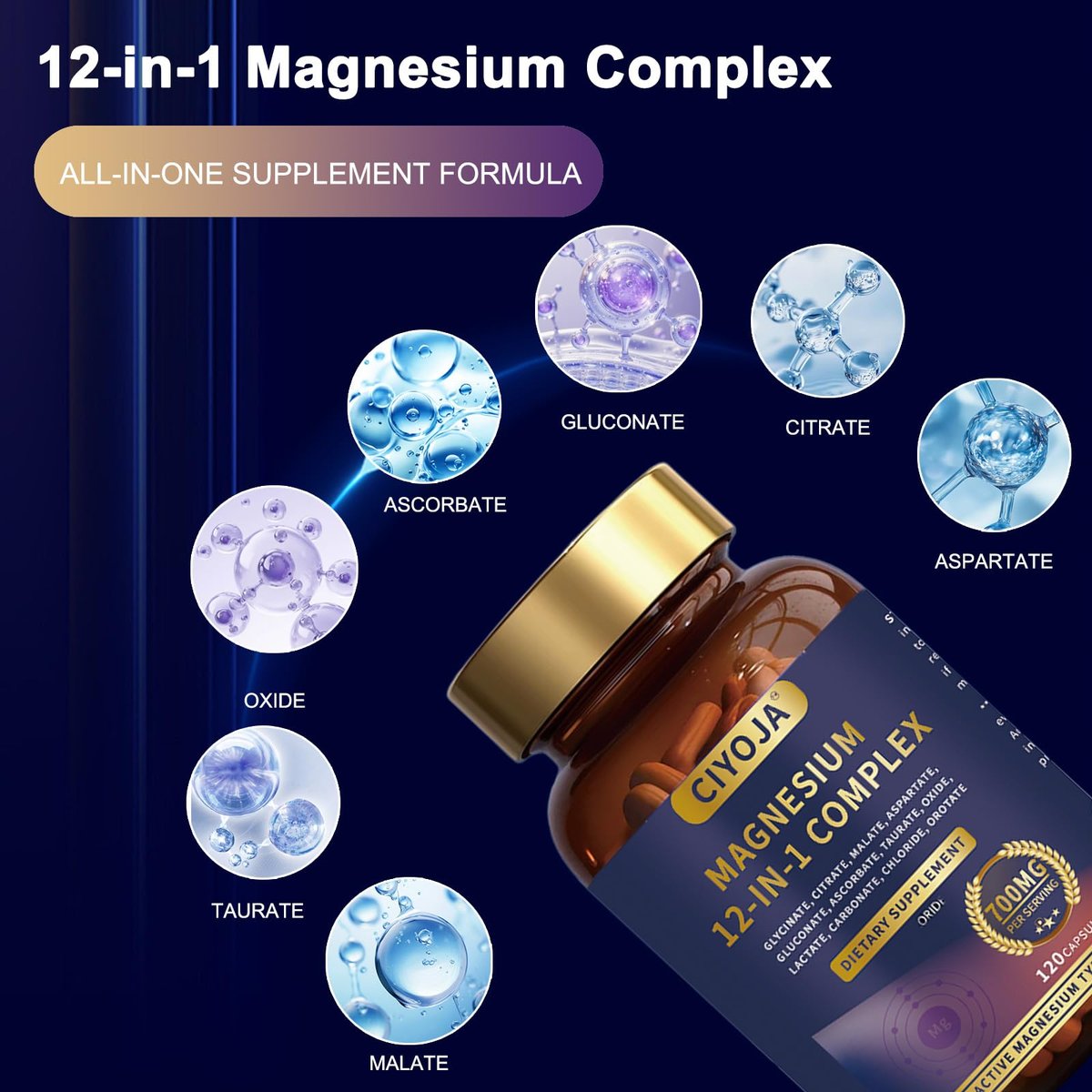 12-in-1 Magnesium Komplex für Frauen und Männer: Magnesiumglycinat 700mg mit Citrat, Malat, Taurat, chelatierte Formen – Hochdosiertes Magnesiumpräparat für Entspannung, Muskeln, Herz – 120 vegane Kapseln