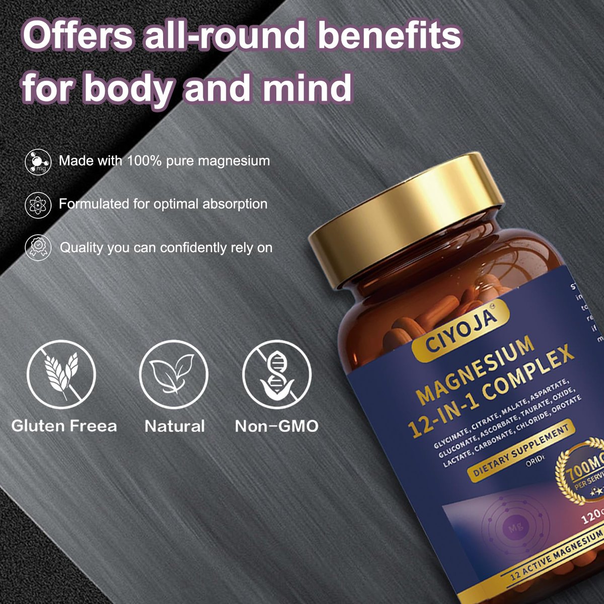 12-in-1 Magnesium Komplex für Frauen und Männer: Magnesiumglycinat 700mg mit Citrat, Malat, Taurat, chelatierte Formen – Hochdosiertes Magnesiumpräparat für Entspannung, Muskeln, Herz – 120 vegane Kapseln