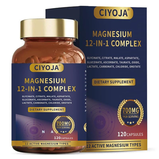 12-in-1 Magnesium Komplex für Frauen und Männer: Magnesiumglycinat 700mg mit Citrat, Malat, Taurat, chelatierte Formen – Hochdosiertes Magnesiumpräparat für Entspannung, Muskeln, Herz – 120 vegane Kapseln