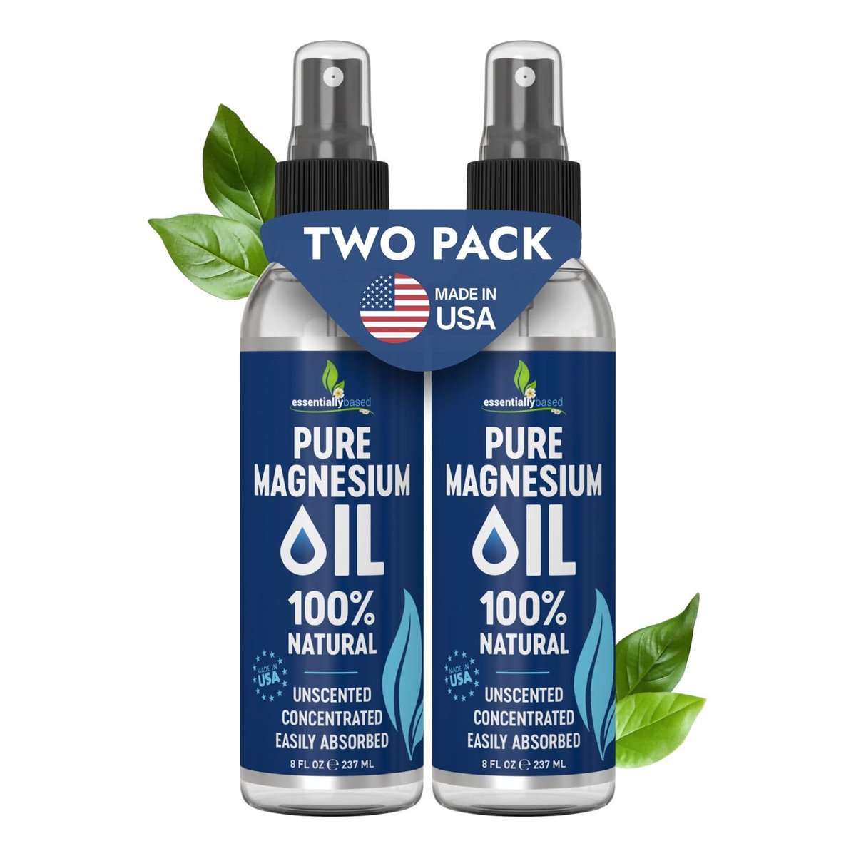 Reines Magnesiumöl Spray 8 oz – Topisches Magnesium für Schlaf & Füße – Extra Stärke – USP-Qualität – 100 % natürliches Öl gegen Muskelschmerzen & Krämpfe – Hergestellt in den USA – 2er-Pack