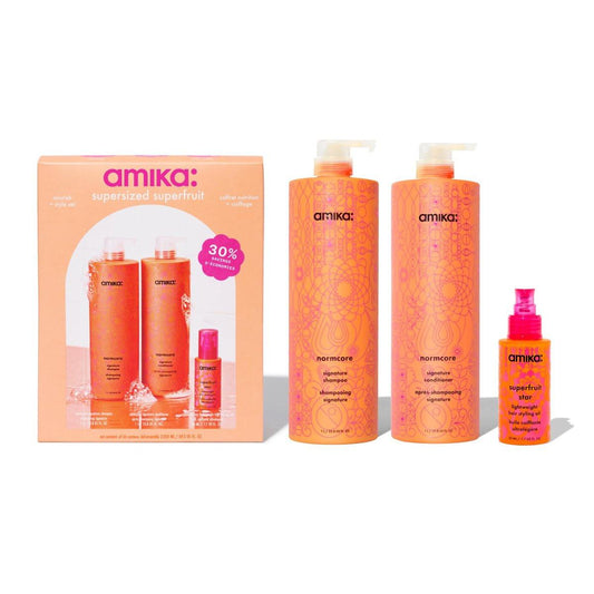 Amika Supersized Superfruit Nourish + Style Set | 2-Liter Set für weiches Haar | Für Haartypen 1-3c