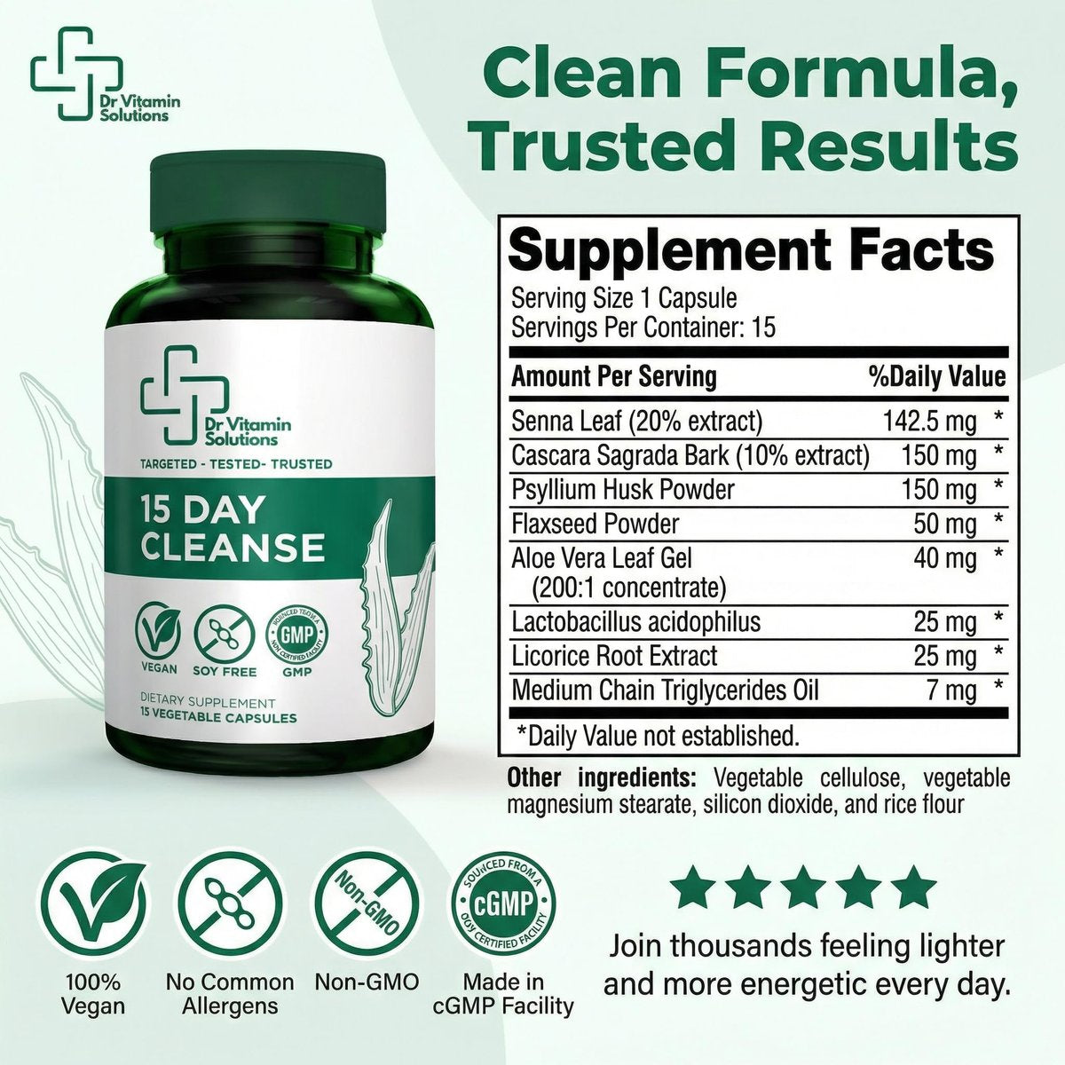 15-Tage-Darmreinigung & Detox für Frauen und Männer – Sanfte Darmkur mit Sennesblättern, Aloe Vera, Flohsamenschalen & Probiotika – Vegan, Non-GMO, 15 Kapseln – Dr Vitamin Solutions