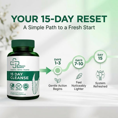 15-Tage-Darmreinigung & Detox für Frauen und Männer – Sanfte Darmkur mit Sennesblättern, Aloe Vera, Flohsamenschalen & Probiotika – Vegan, Non-GMO, 15 Kapseln – Dr Vitamin Solutions