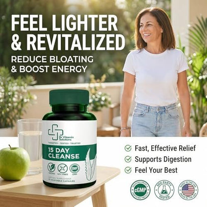 15-Tage-Darmreinigung & Detox für Frauen und Männer – Sanfte Darmkur mit Sennesblättern, Aloe Vera, Flohsamenschalen & Probiotika – Vegan, Non-GMO, 15 Kapseln – Dr Vitamin Solutions