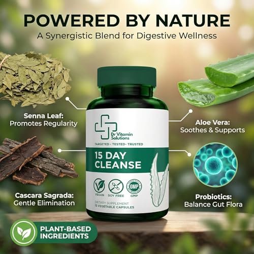 15-Tage-Darmreinigung & Detox für Frauen und Männer – Sanfte Darmkur mit Sennesblättern, Aloe Vera, Flohsamenschalen & Probiotika – Vegan, Non-GMO, 15 Kapseln – Dr Vitamin Solutions