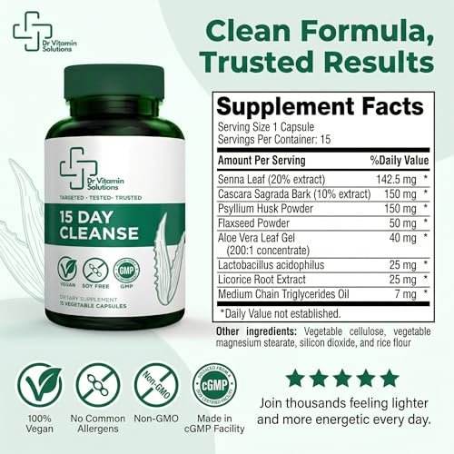 15-Tage-Darmreinigung & Detox für Frauen und Männer – Sanfte Darmkur mit Sennesblättern, Aloe Vera, Flohsamenschalen & Probiotika – Vegan, Non-GMO, 15 Kapseln – Dr Vitamin Solutions