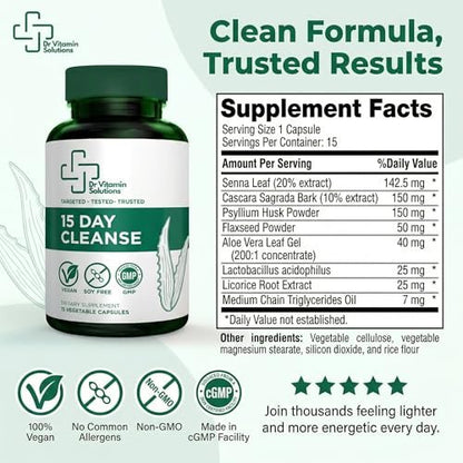 15-Tage-Darmreinigung & Detox für Frauen und Männer – Sanfte Darmkur mit Sennesblättern, Aloe Vera, Flohsamenschalen & Probiotika – Vegan, Non-GMO, 15 Kapseln – Dr Vitamin Solutions