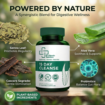 15-Tage-Darmreinigung & Detox für Frauen und Männer – Sanfte Darmkur mit Sennesblättern, Aloe Vera, Flohsamenschalen & Probiotika – Vegan, Non-GMO, 15 Kapseln – Dr Vitamin Solutions