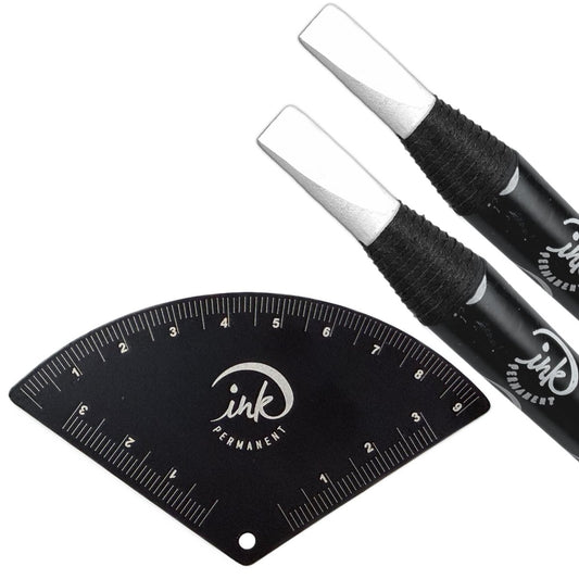 Ink Permanent Brow Mapping Kit mit Augenbrauenlineal und 2 weißen Peel-Off-Stiften – Fächerförmiges Aluminiumlegierungs-Designwerkzeug für Microblading, PMU und Permanent Make-up