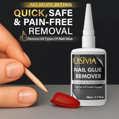 EXSIVIA Superstarker Nagelkleber 2. Generation (10 ml) & Acetonfreier Entferner (50 ml) mit Nagelhautschiebern – Essentials Press-On-Nagelset, schnell trocknend, langanhaltende Haftung, keine UV-Lampe nötig