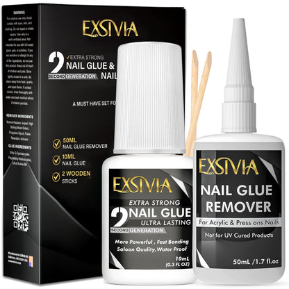 EXSIVIA Superstarker Nagelkleber 2. Generation (10 ml) & Acetonfreier Entferner (50 ml) mit Nagelhautschiebern – Essentials Press-On-Nagelset, schnell trocknend, langanhaltende Haftung, keine UV-Lampe nötig