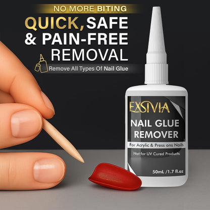 EXSIVIA Superstarker Nagelkleber 2. Generation (10 ml) & Acetonfreier Entferner (50 ml) mit Nagelhautschiebern – Essentials Press-On-Nagelset, schnell trocknend, langanhaltende Haftung, keine UV-Lampe nötig