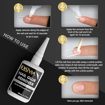 EXSIVIA Superstarker Nagelkleber 2. Generation (10 ml) & Acetonfreier Entferner (50 ml) mit Nagelhautschiebern – Essentials Press-On-Nagelset, schnell trocknend, langanhaltende Haftung, keine UV-Lampe nötig