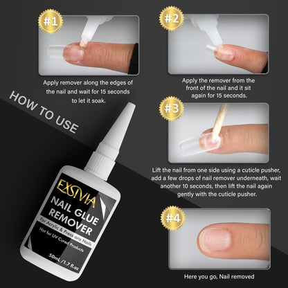 EXSIVIA Superstarker Nagelkleber 2. Generation (10 ml) & Acetonfreier Entferner (50 ml) mit Nagelhautschiebern – Essentials Press-On-Nagelset, schnell trocknend, langanhaltende Haftung, keine UV-Lampe nötig