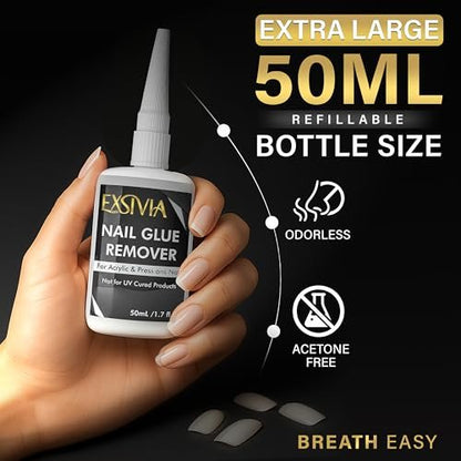 EXSIVIA Superstarker Nagelkleber 2. Generation (10 ml) & Acetonfreier Entferner (50 ml) mit Nagelhautschiebern – Essentials Press-On-Nagelset, schnell trocknend, langanhaltende Haftung, keine UV-Lampe nötig