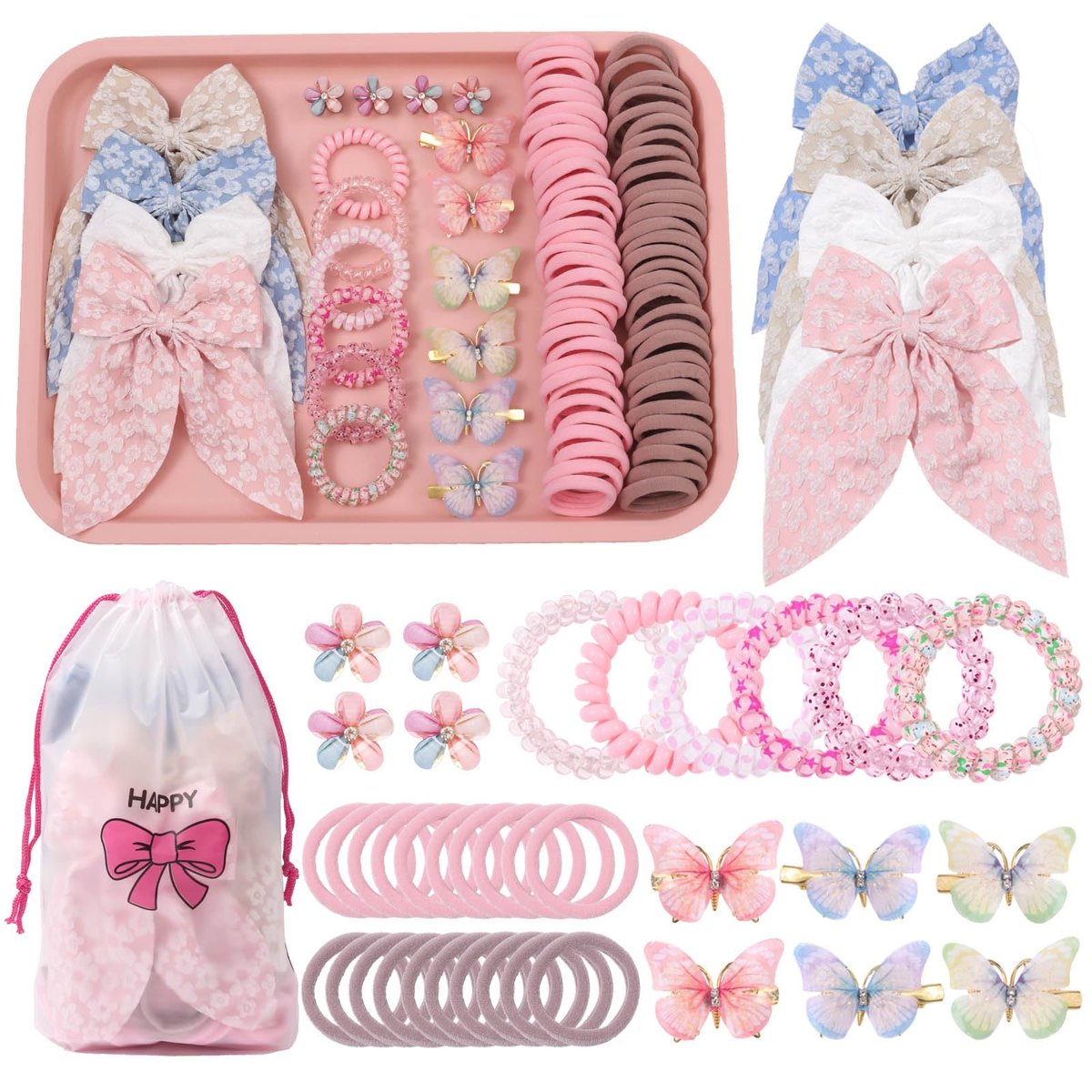 Rosvia Haaraccessoires Set für Mädchen 70-teilig, Elastische Spiral-Haargummis für dickes Haar, Mini Kristall-Blumen-Haarspangen, Schmetterlings-Haarclips, Haarschleifen für Kinder, Teenager und Kleinkinder