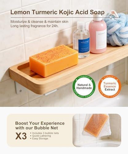 NOOROLA Zitronen-Turmeric-Kojiksäure-Seife, 4 Stück Kurkuma-Seife mit Hyaluronsäure, Vitamin C, E, Sheabutter für Gesicht & Körper, Tiefenreinigung, 3 Schaumnetze