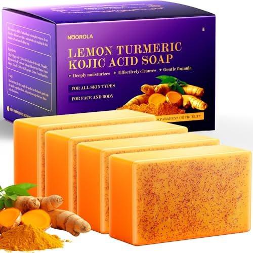 NOOROLA Zitronen-Turmeric-Kojiksäure-Seife, 4 Stück Kurkuma-Seife mit Hyaluronsäure, Vitamin C, E, Sheabutter für Gesicht & Körper, Tiefenreinigung, 3 Schaumnetze