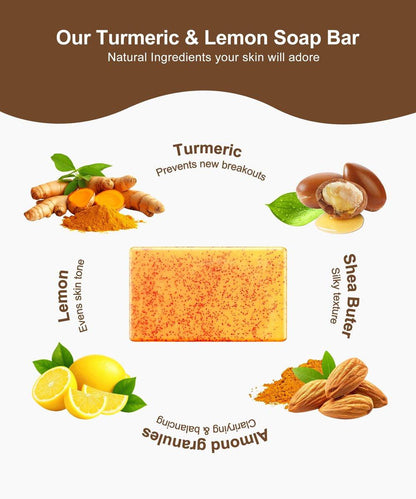 NOOROLA Zitronen-Turmeric-Kojiksäure-Seife, 4 Stück Kurkuma-Seife mit Hyaluronsäure, Vitamin C, E, Sheabutter für Gesicht & Körper, Tiefenreinigung, 3 Schaumnetze