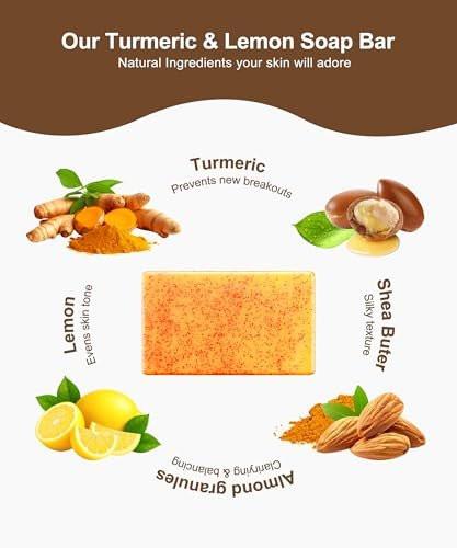 NOOROLA Zitronen-Turmeric-Kojiksäure-Seife, 4 Stück Kurkuma-Seife mit Hyaluronsäure, Vitamin C, E, Sheabutter für Gesicht & Körper, Tiefenreinigung, 3 Schaumnetze