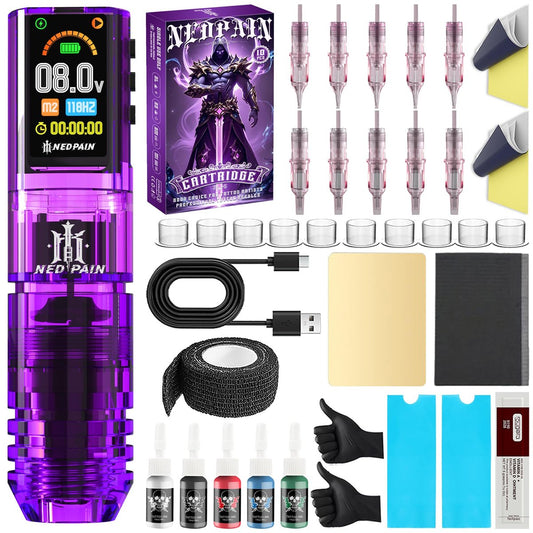 NEDPAIN Einstellbares Kabelloses Tattoo-Maschinen-Set mit 1,47 Zoll Bildschirm, 1600mAh, 10V/10000 U/min, Speicherfunktion, Komplettes Kabelloses Tattoo-Geräte-Kit, Professionelle Tattoo-Ausrüstung für Anfänger und Künstler